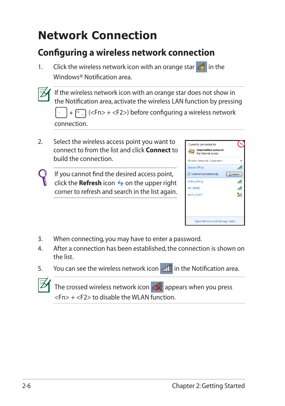 Network connection, Configuring a wireless network connection, Network connection -6 | Configuring a wireless network connection -6 | Asus Eee PC X101H User Manual | Page 26 / 62
