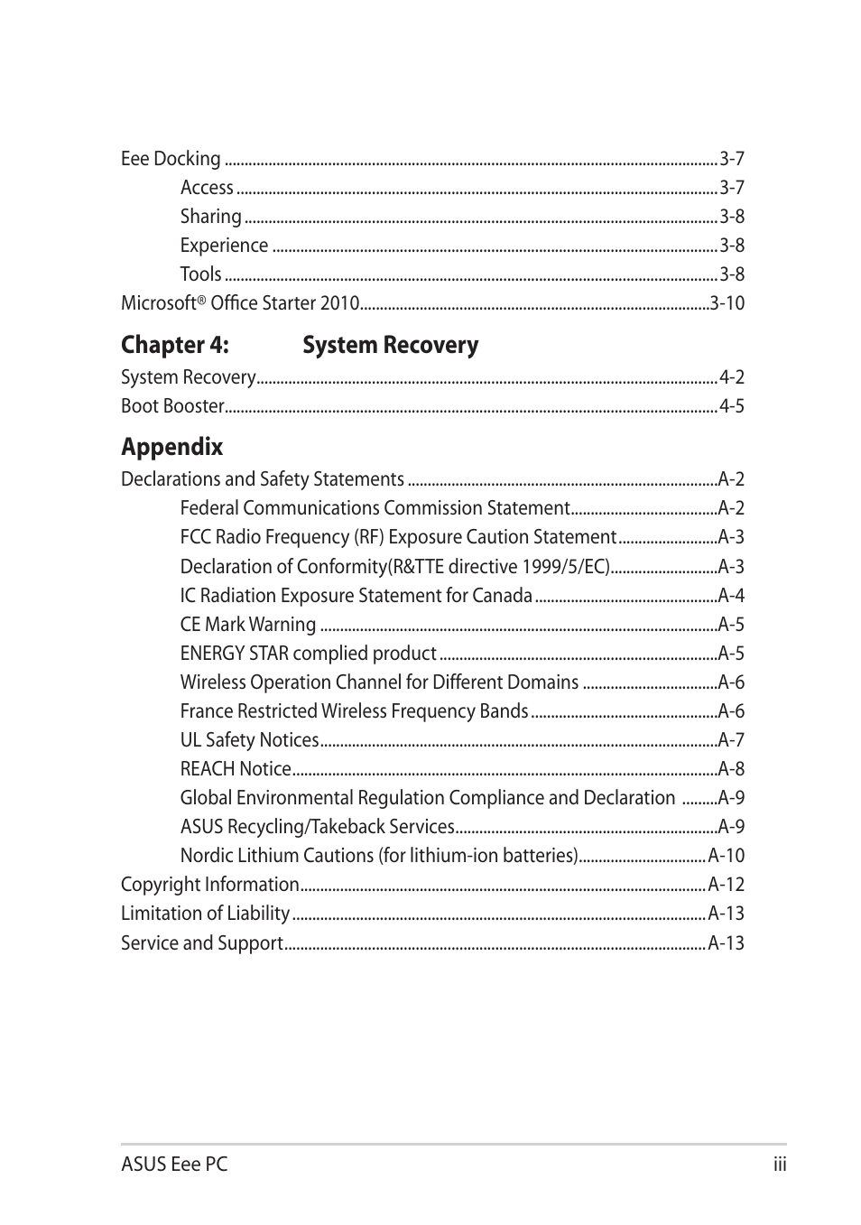 Chapter 4: system recovery, Appendix | Asus Eee PC X101H User Manual | Page 3 / 62
