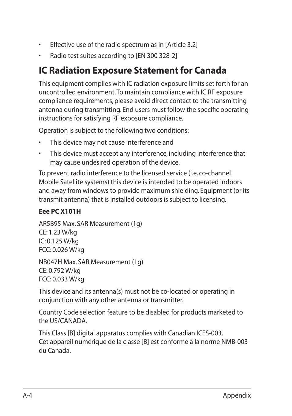 Ic radiation exposure statement for canada | Asus Eee PC X101H User Manual | Page 52 / 62