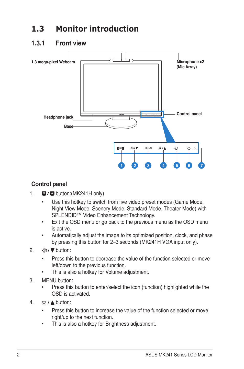 3 monitor introduction, 1 front view, Monitor introduction 1.3.1 | Front view, Control panel | Asus MK241H User Manual | Page 10 / 24