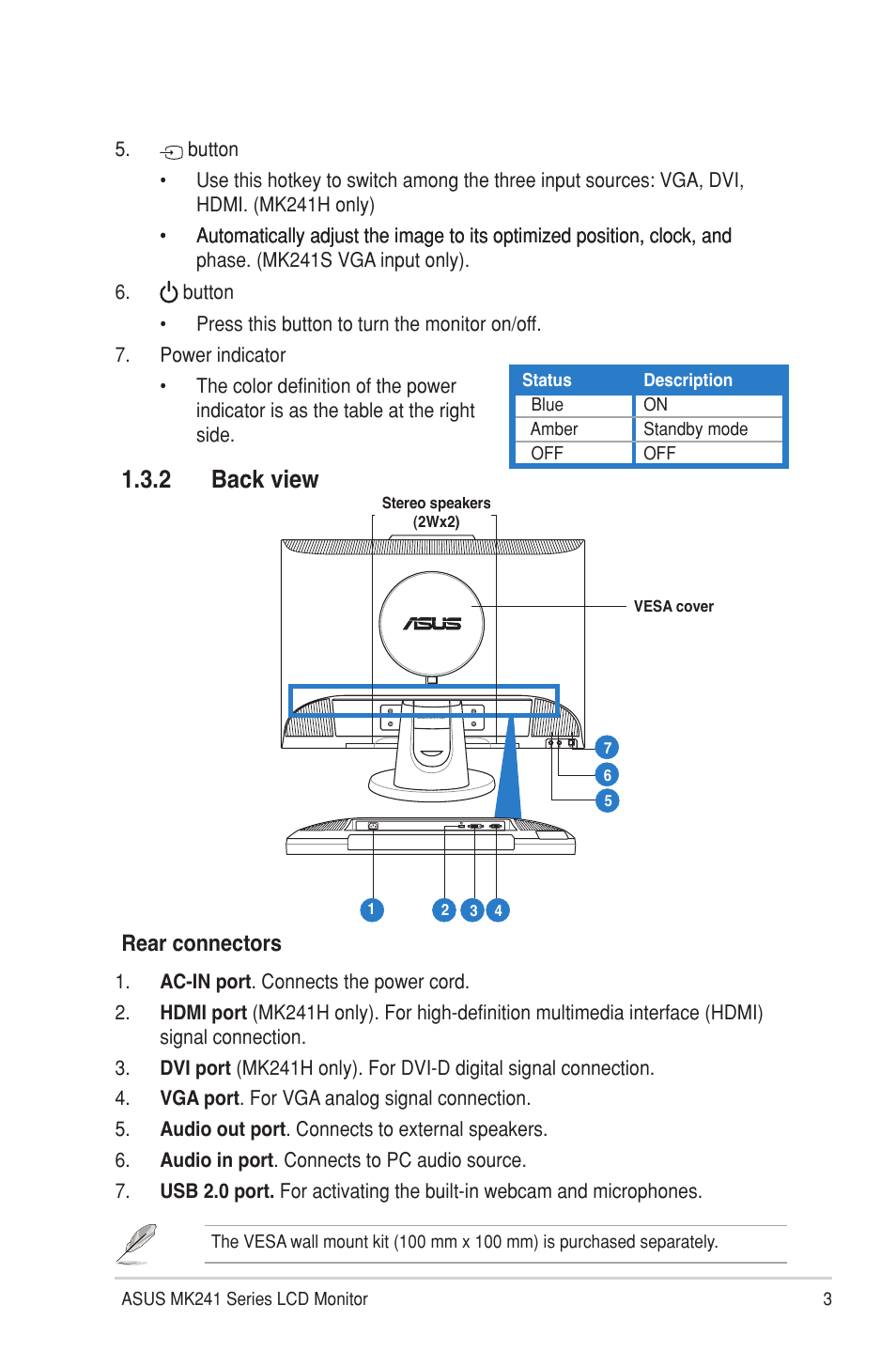 2 back view, Back view, Rear connectors | Asus MK241H User Manual | Page 11 / 24