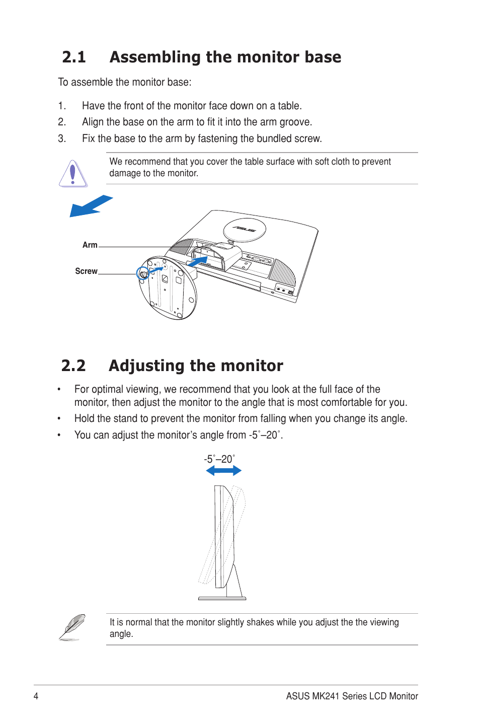 1 assembling the monitor base, 2 adjusting the monitor, Assembling the monitor base | Adjusting the monitor | Asus MK241H User Manual | Page 12 / 24