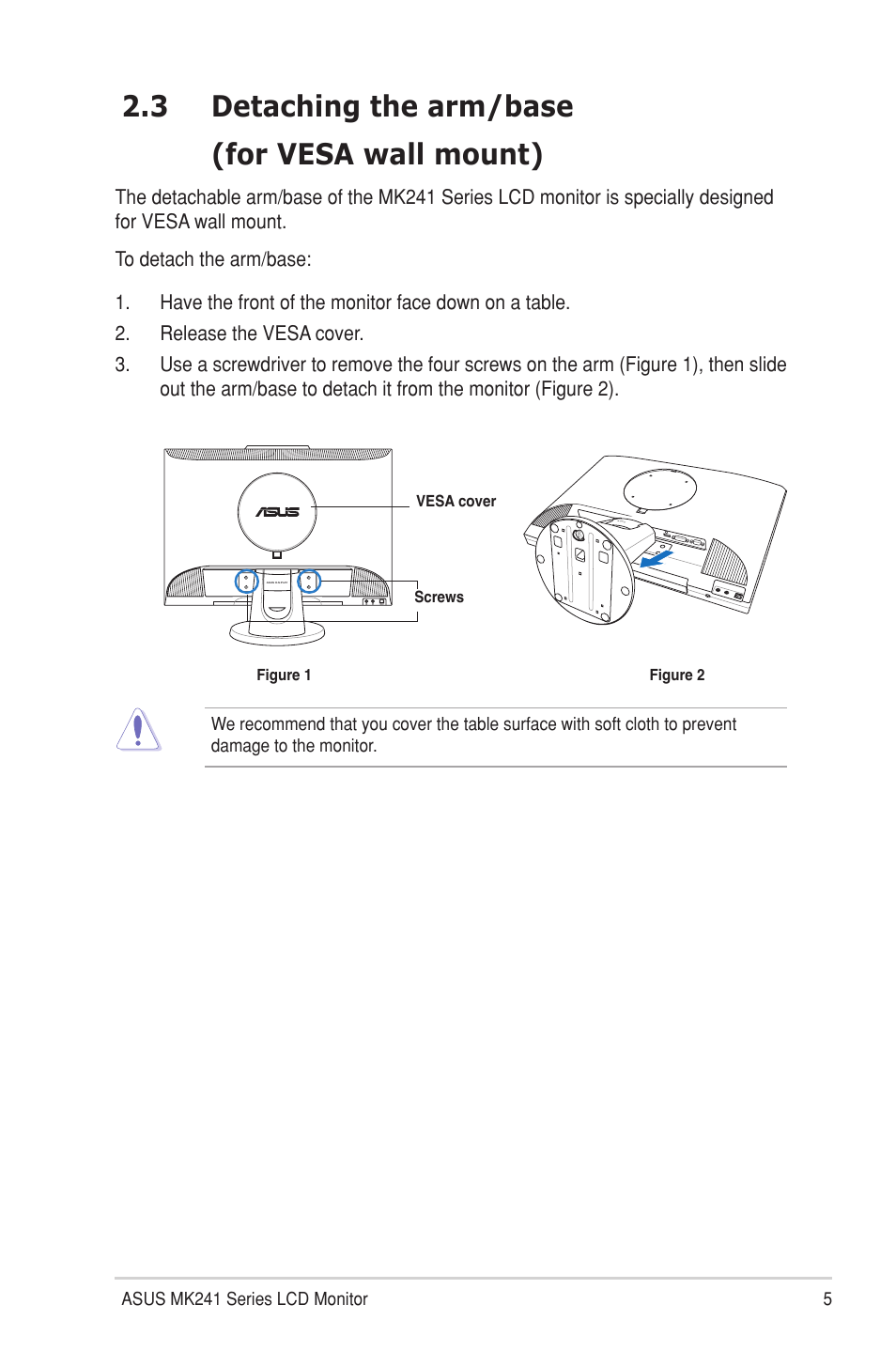 3 detaching the arm/base, For vesa wall mount), Detaching the arm/base | 3 detaching the arm/base (for vesa wall mount) | Asus MK241H User Manual | Page 13 / 24