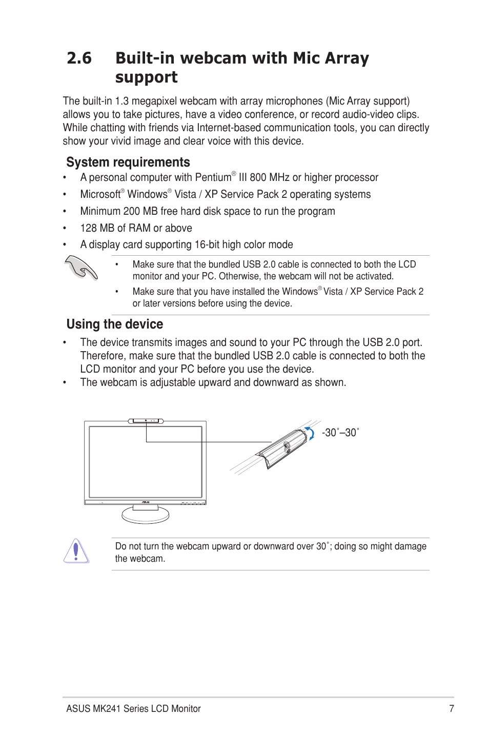 6 built-in webcam with mic array support, Built-in webcam with mic array support, System requirements | Using the device | Asus MK241H User Manual | Page 15 / 24