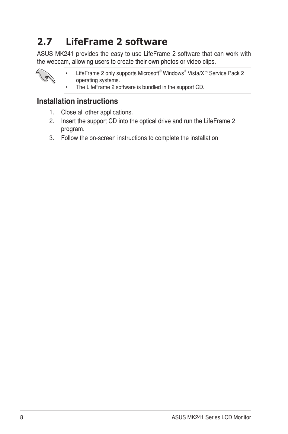 7 lifeframe 2 software, Lifeframe 2 software, Installation instructions | Asus MK241H User Manual | Page 16 / 24