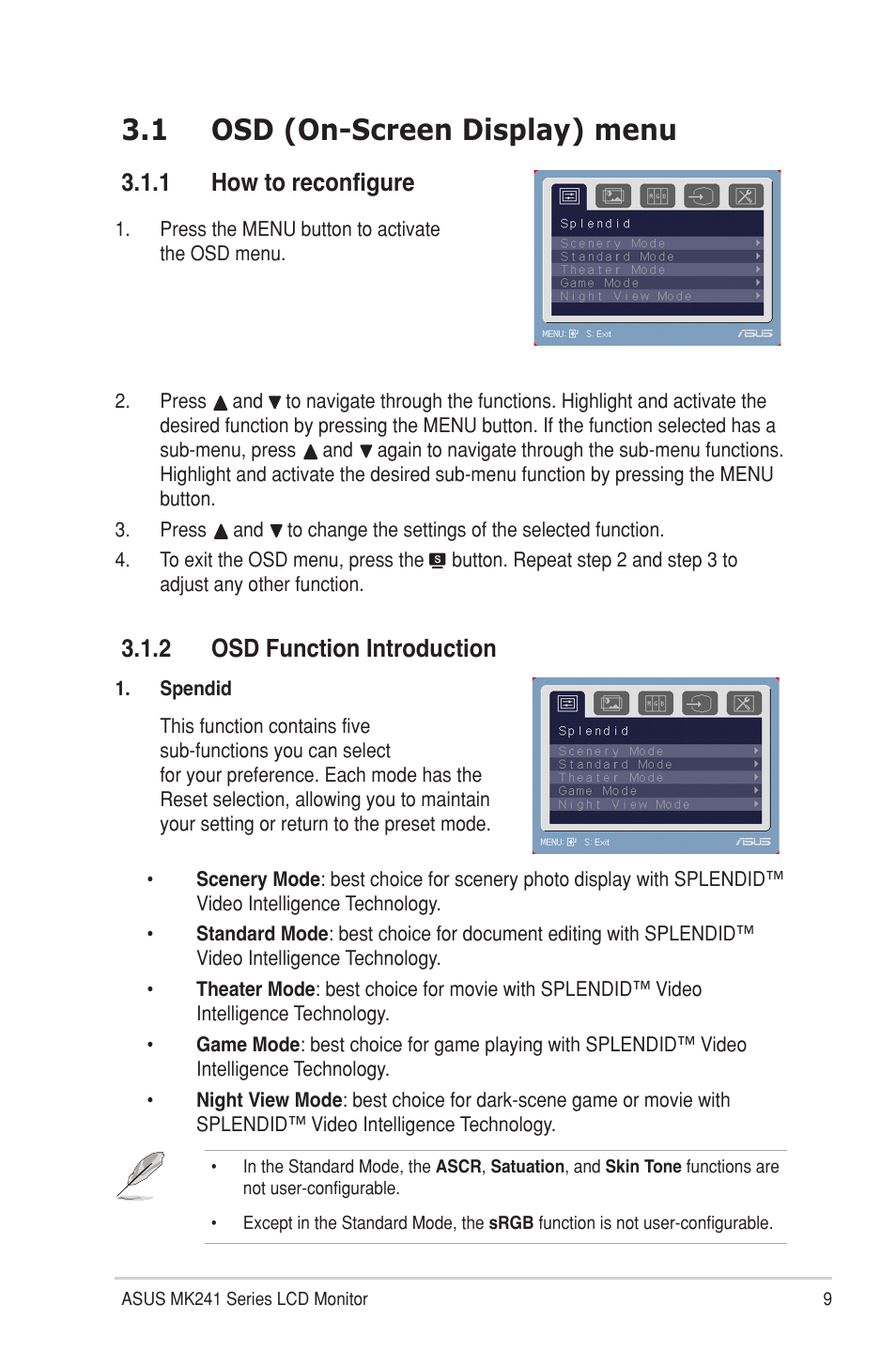 1 osd (on-screen display) menu, 1 how to reconfigure, 2 osd function introduction | Osd (on-screen display) menu 3.1.1, How to reconfigure, Osd function introduction | Asus MK241H User Manual | Page 17 / 24