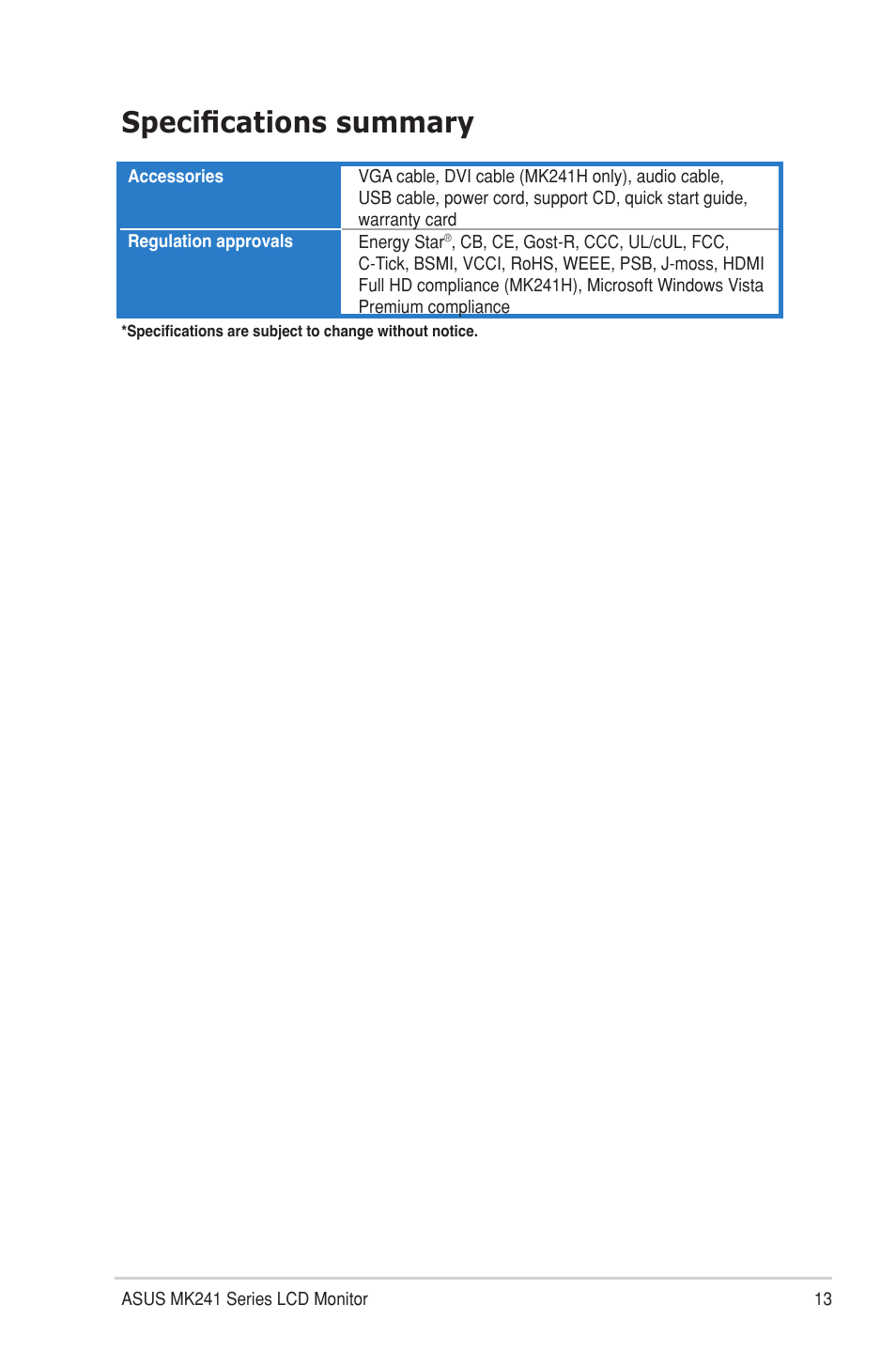 Specifications summary | Asus MK241H User Manual | Page 21 / 24