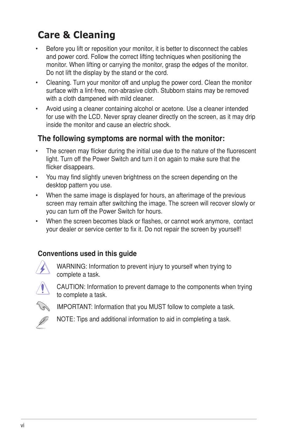 Care & cleaning, The following symptoms are normal with the monitor | Asus MK241H User Manual | Page 6 / 24