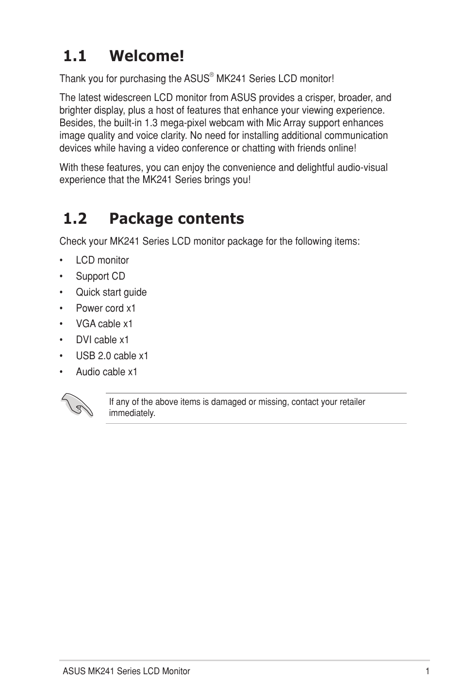 1 welcome, 2 package contents, Welcome | Package contents | Asus MK241H User Manual | Page 9 / 24