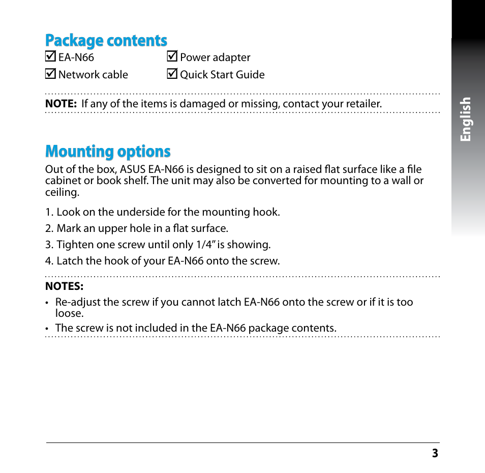 Package contents, Mounting options, English | Asus EA-N66 User Manual | Page 3 / 35