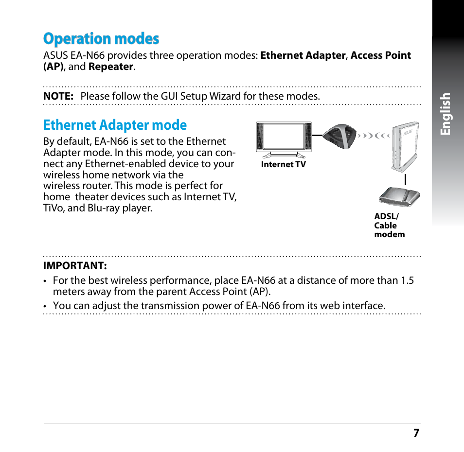 Operation modes, Ethernet adapter mode, English | Asus EA-N66 User Manual | Page 7 / 35