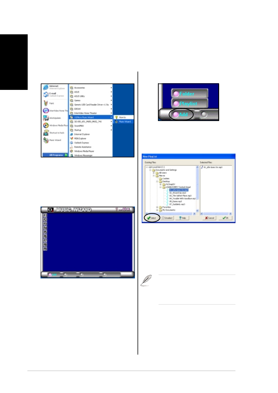 Music wizard, Creating a playlist or folder, Launching music wizard | Asus DiGiMatrix User Manual | Page 16 / 22