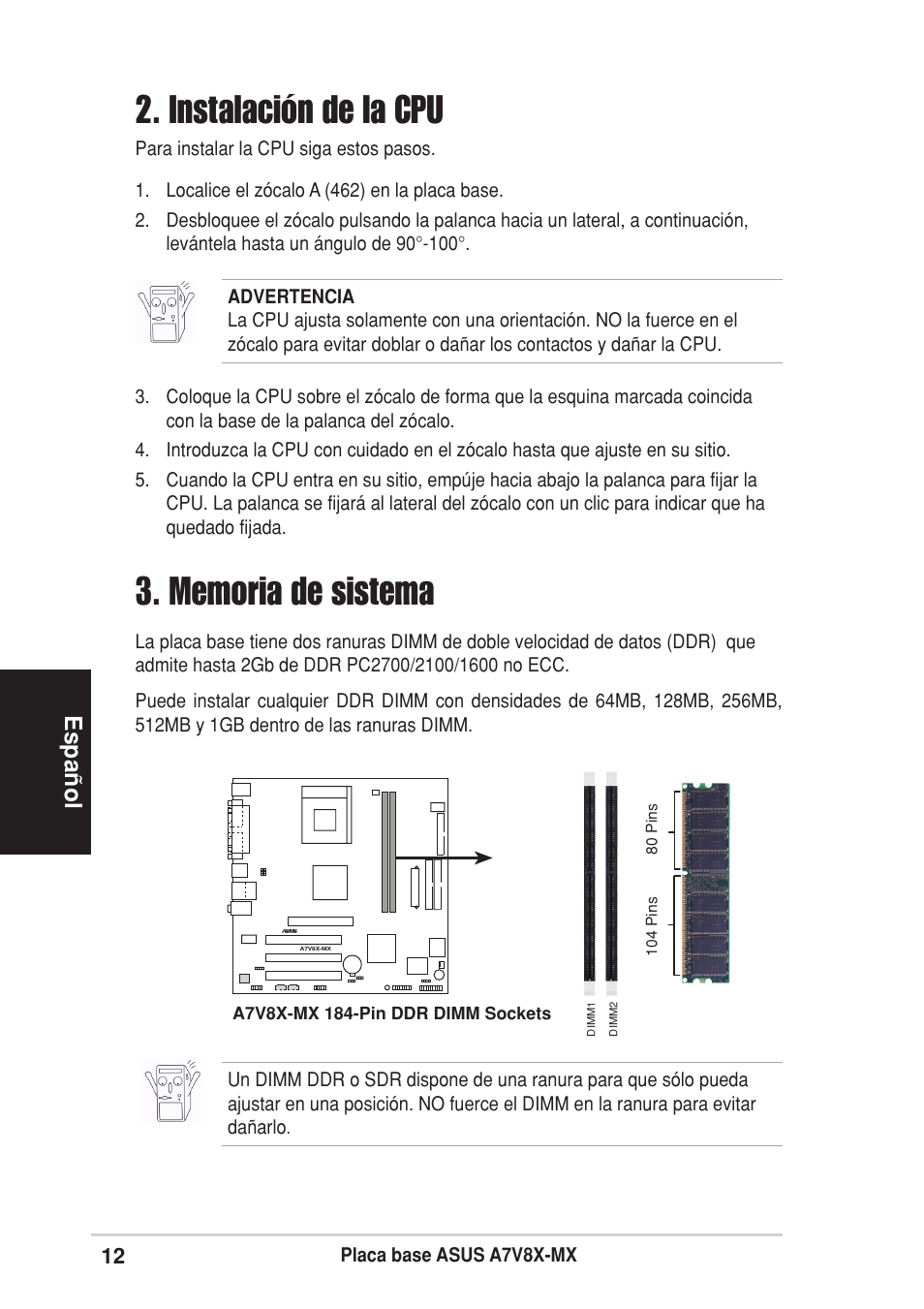 Instalación de la cpu, Espa ñ ol | Asus A7V8X-MX User Manual | Page 12 / 16