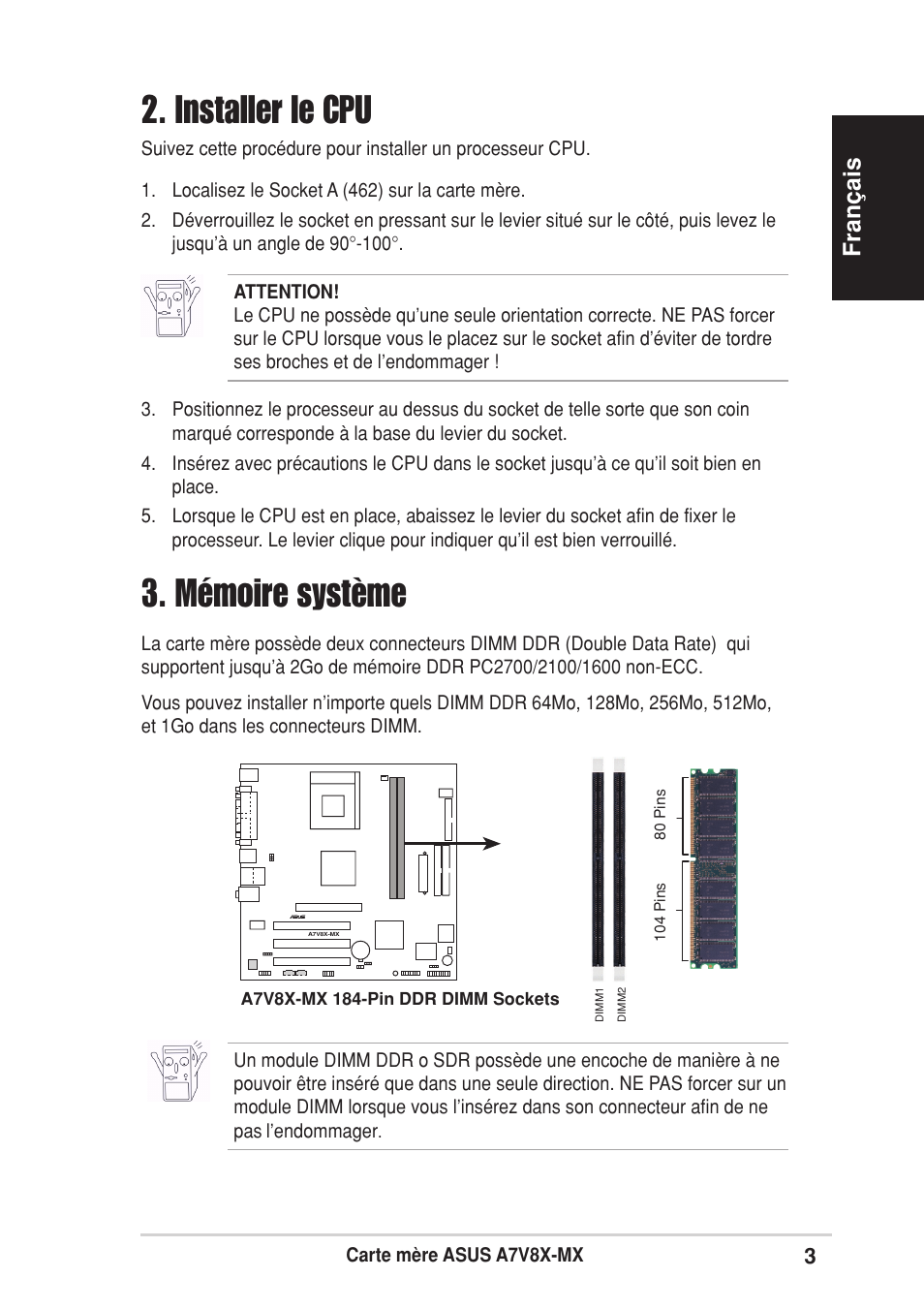 Mémoire système, Installer le cpu, Fran ç ais | Asus A7V8X-MX User Manual | Page 3 / 16