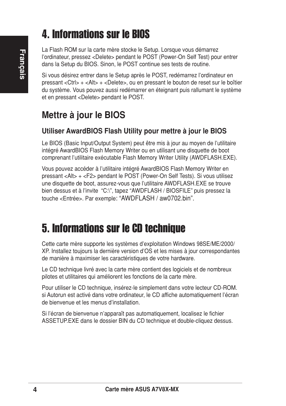 Informations sur le bios, Informations sur le cd technique, Mettre à jour le bios | Asus A7V8X-MX User Manual | Page 4 / 16