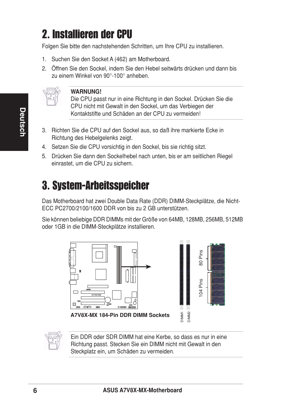 System-arbeitsspeicher, Installieren der cpu, Deutsch | Asus A7V8X-MX User Manual | Page 6 / 16