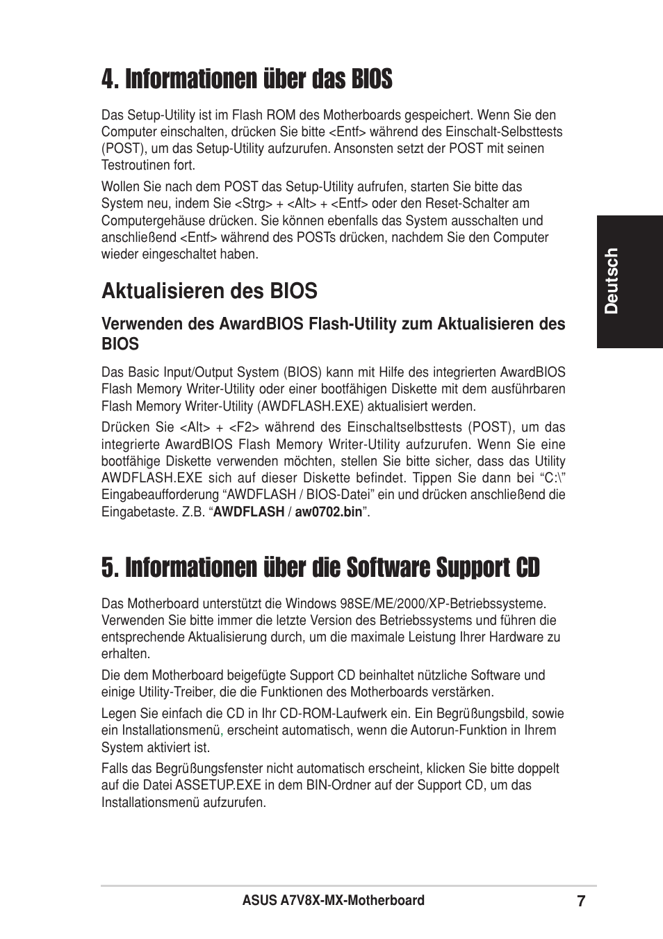 Informationen über das bios, Informationen über die software support cd, Aktualisieren des bios | Asus A7V8X-MX User Manual | Page 7 / 16