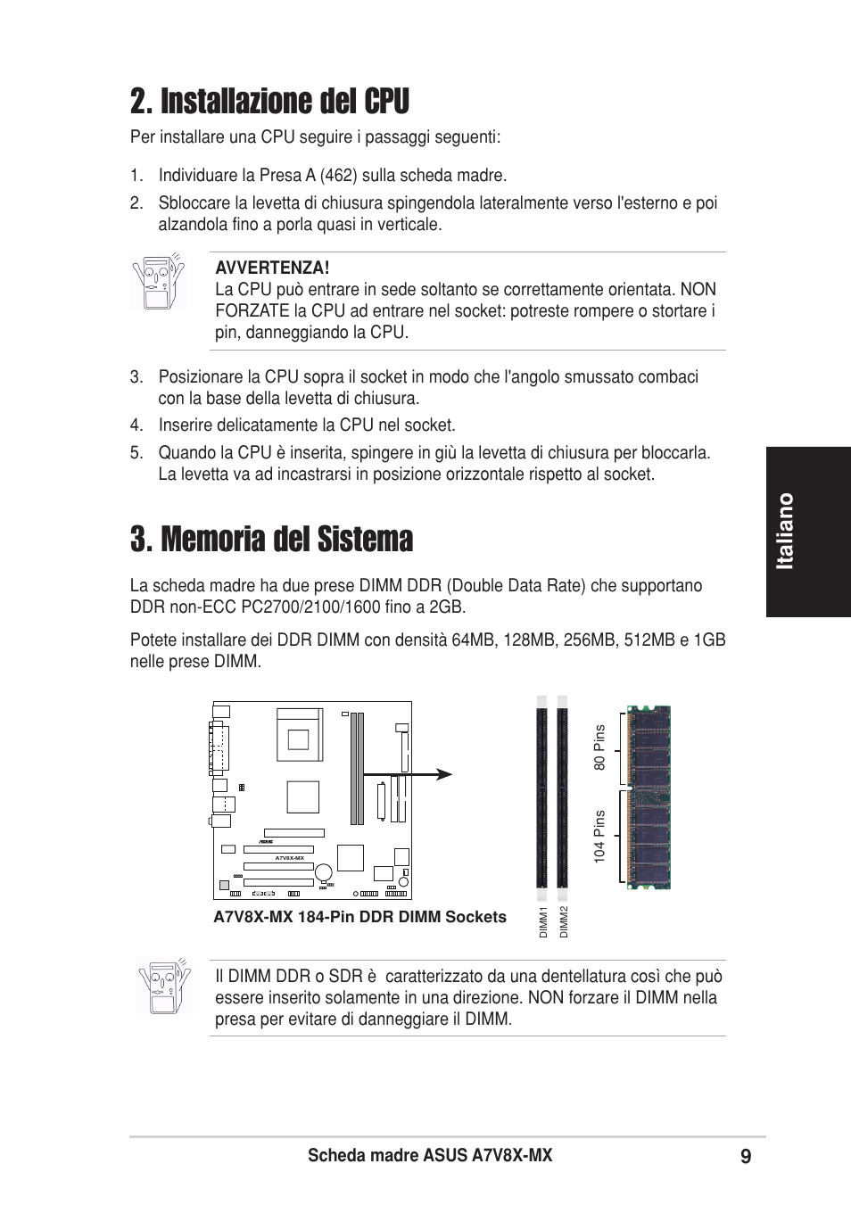 Installazione del cpu, Italiano | Asus A7V8X-MX User Manual | Page 9 / 16