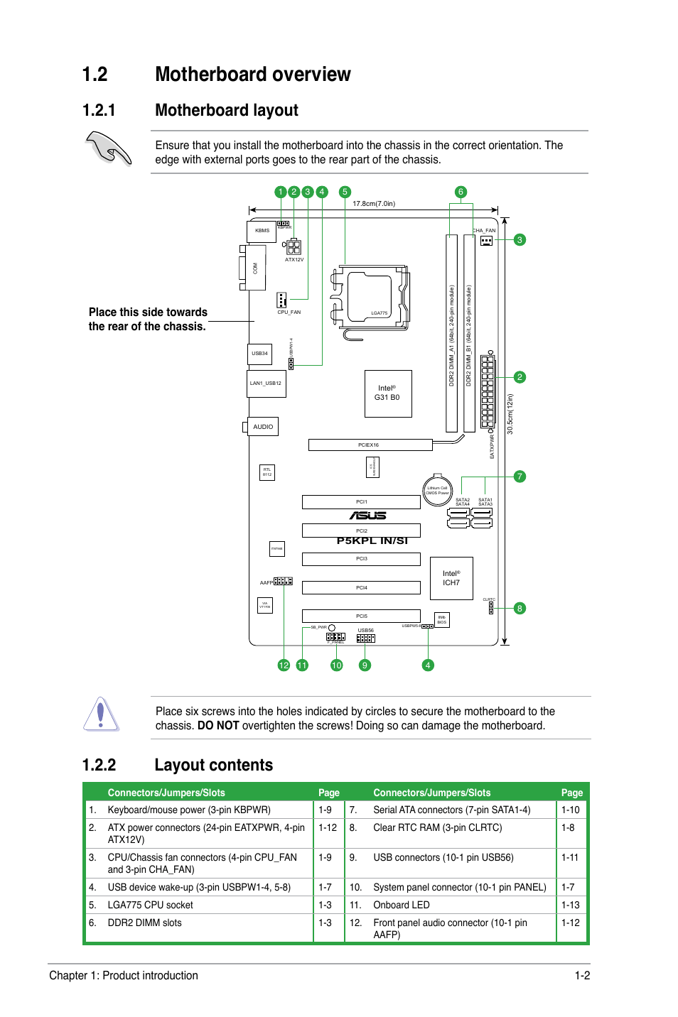 2 motherboard overview, 2 layout contents, 1 motherboard layout | Chapter 1: product introduction 1-2 | Asus P5KPL IN/SI User Manual | Page 11 / 36