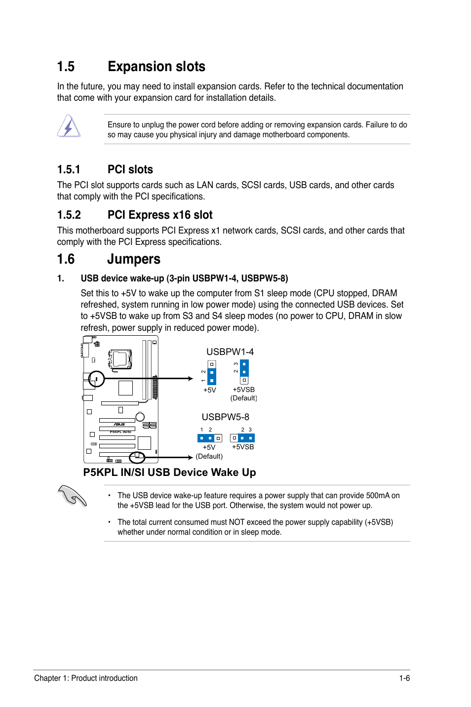 5 expansion slots, 6 jumpers, 1 pci slots | 2 pci express x16 slot, P5kpl in/si usb device wake up | Asus P5KPL IN/SI User Manual | Page 15 / 36