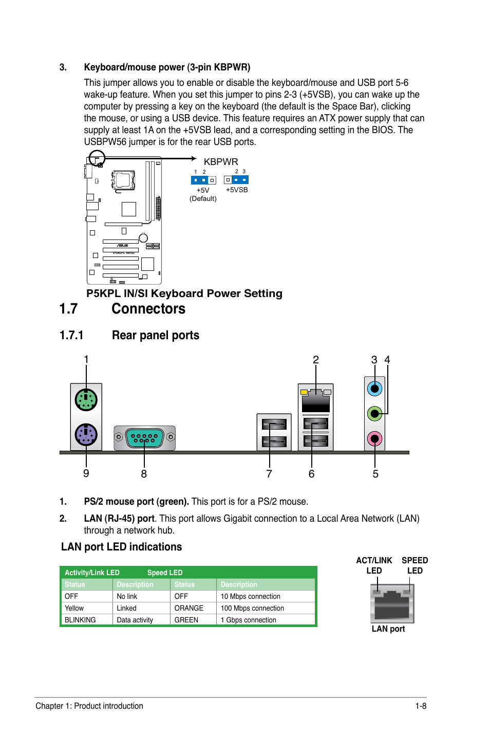 7 connectors, 1 rear panel ports, Lan port led indications | Asus P5KPL IN/SI User Manual | Page 17 / 36