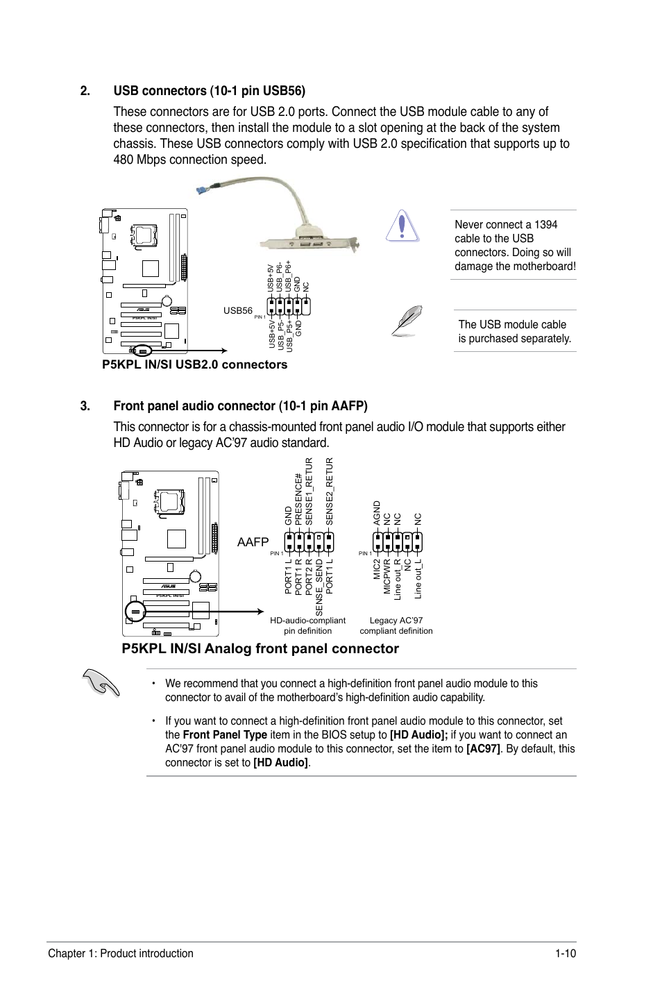 P5kpl in/si analog front panel connector, P5kpl in/si usb2.0 connectors, Aafp | Asus P5KPL IN/SI User Manual | Page 19 / 36