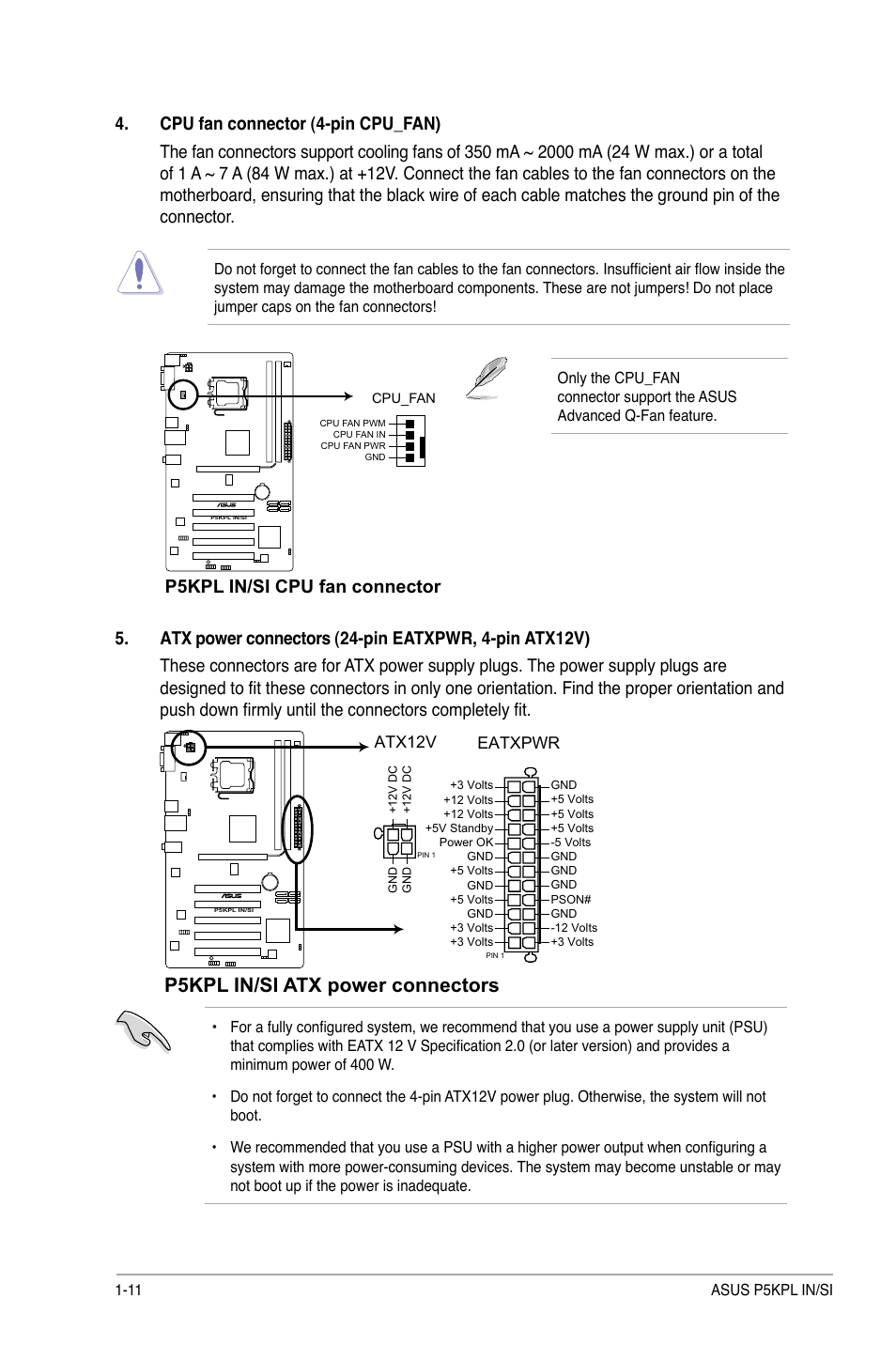 P5kpl in/si atx power connectors | Asus P5KPL IN/SI User Manual | Page 20 / 36