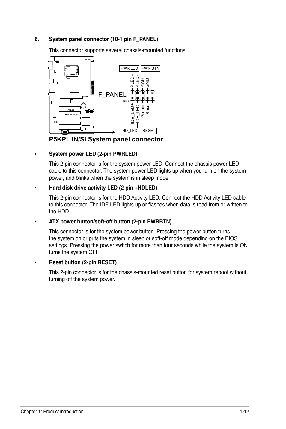 P5kpl in/si system panel connector, F_panel | Asus P5KPL IN/SI User Manual | Page 21 / 36