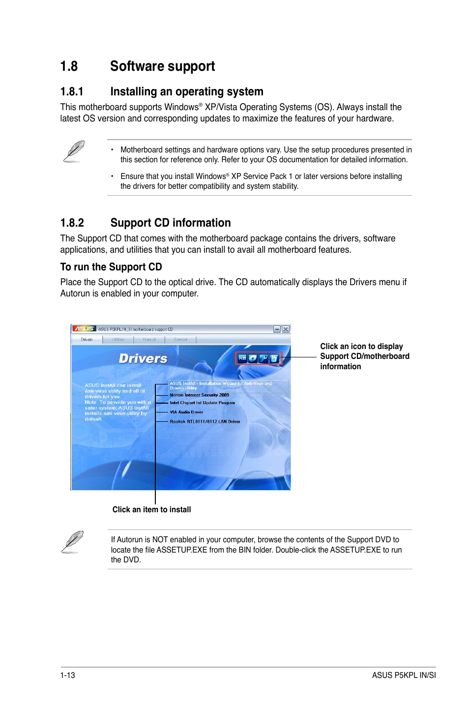 8 software support, 1 installing an operating system, 2 support cd information | Asus P5KPL IN/SI User Manual | Page 22 / 36