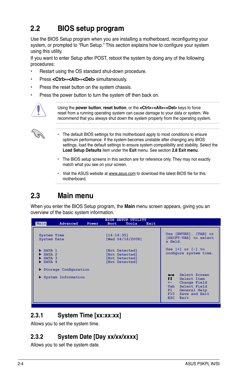 2 bios setup program, 3 main menu, 1 system time [xx:xx:xx | Asus P5KPL IN/SI User Manual | Page 26 / 36