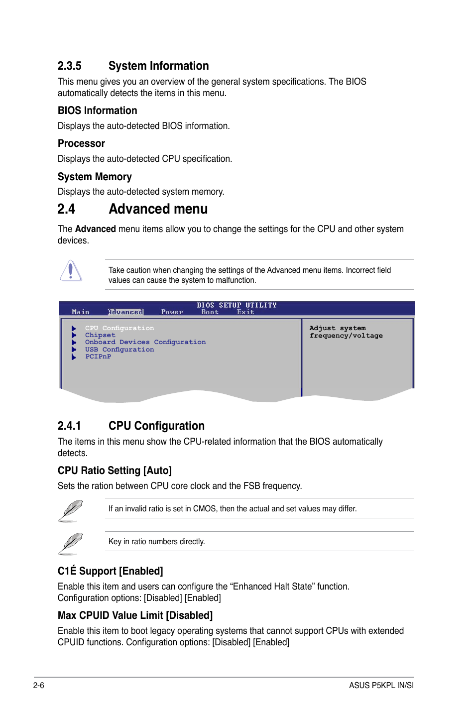 4 advanced menu, 5 system information, 1 cpu configuration | Asus P5KPL IN/SI User Manual | Page 28 / 36