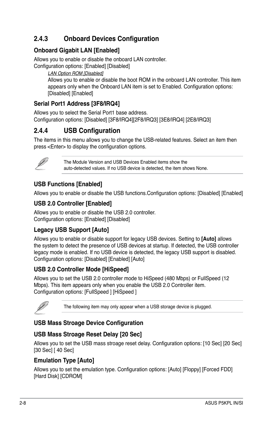 3 onboard devices configuration, 4 usb configuration | Asus P5KPL IN/SI User Manual | Page 30 / 36