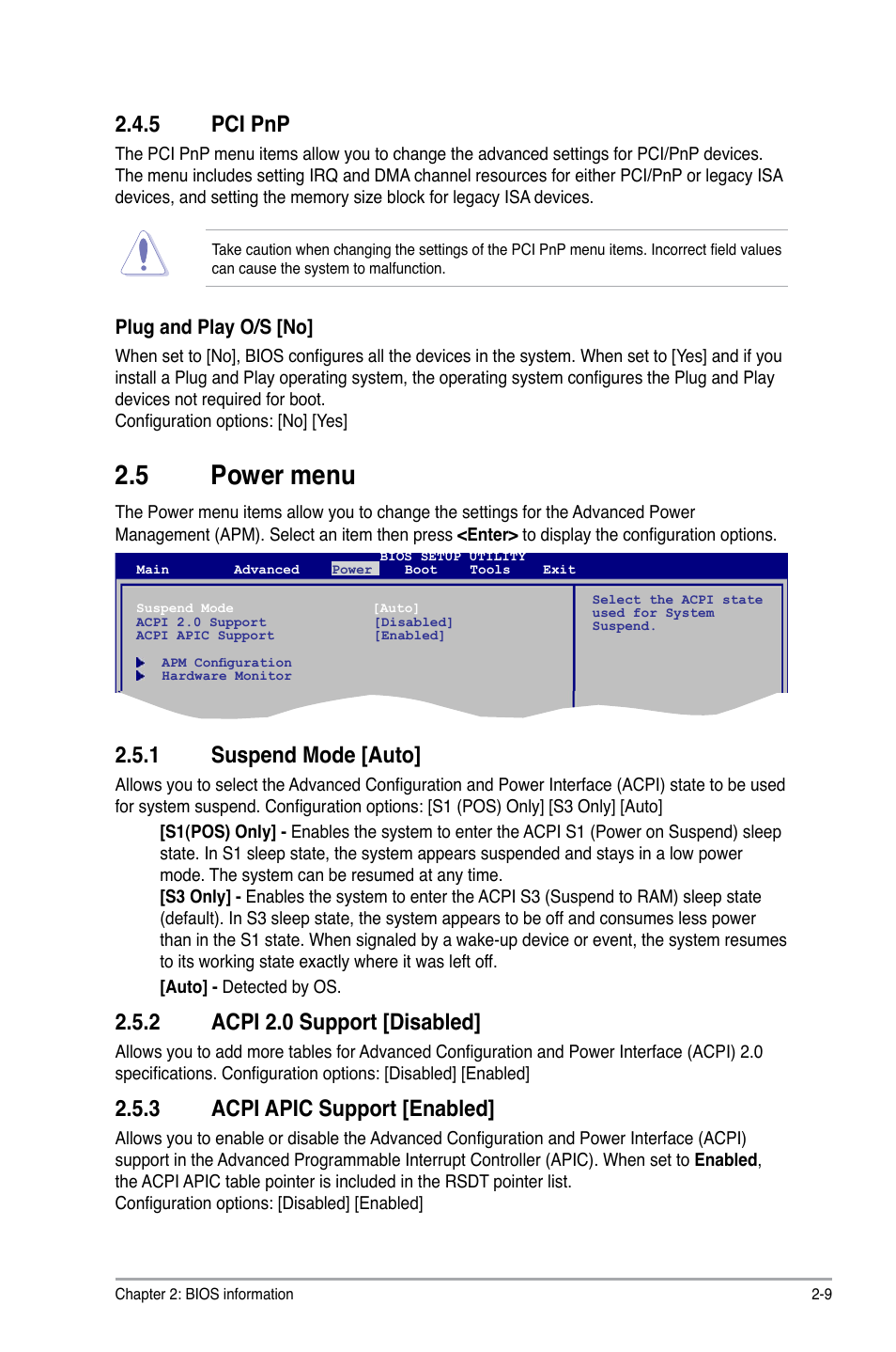 5 power menu, 5 pci pnp, 1 suspend mode [auto | 2 acpi 2.0 support [disabled, 3 acpi apic support [enabled | Asus P5KPL IN/SI User Manual | Page 31 / 36