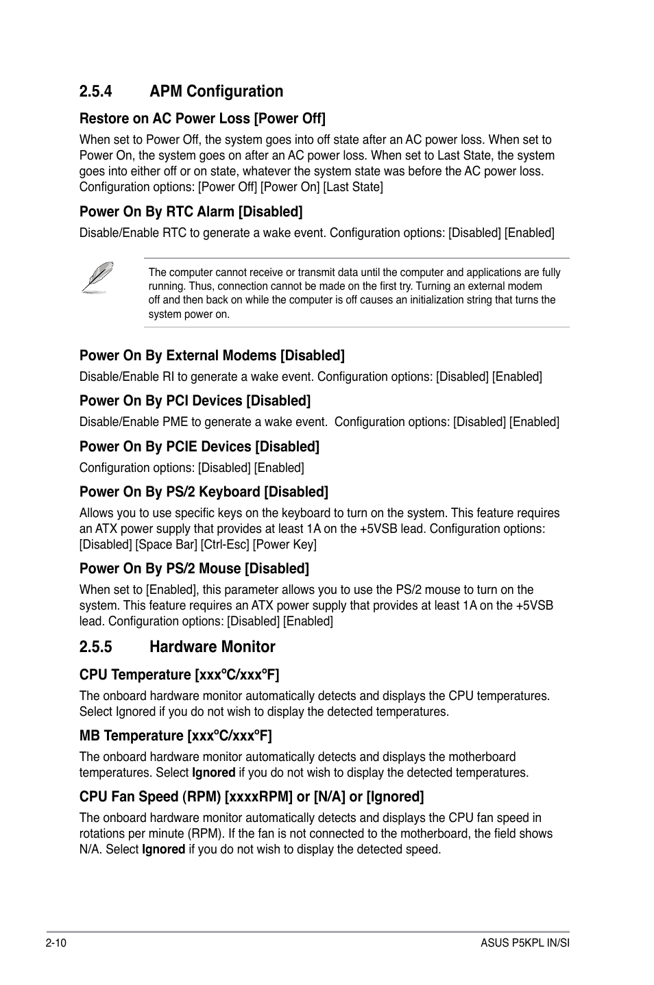 4 apm configuration, 5 hardware monitor | Asus P5KPL IN/SI User Manual | Page 32 / 36