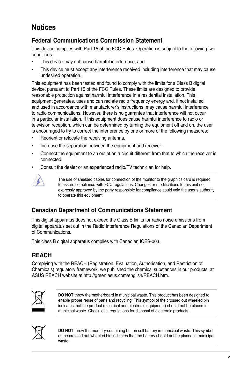 Notices, Federal communications commission statement, Canadian department of communications statement | Reach | Asus P5KPL IN/SI User Manual | Page 5 / 36