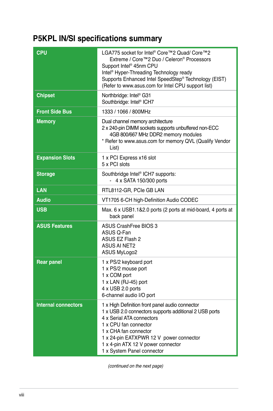 P5kpl in/si specifications summary | Asus P5KPL IN/SI User Manual | Page 8 / 36