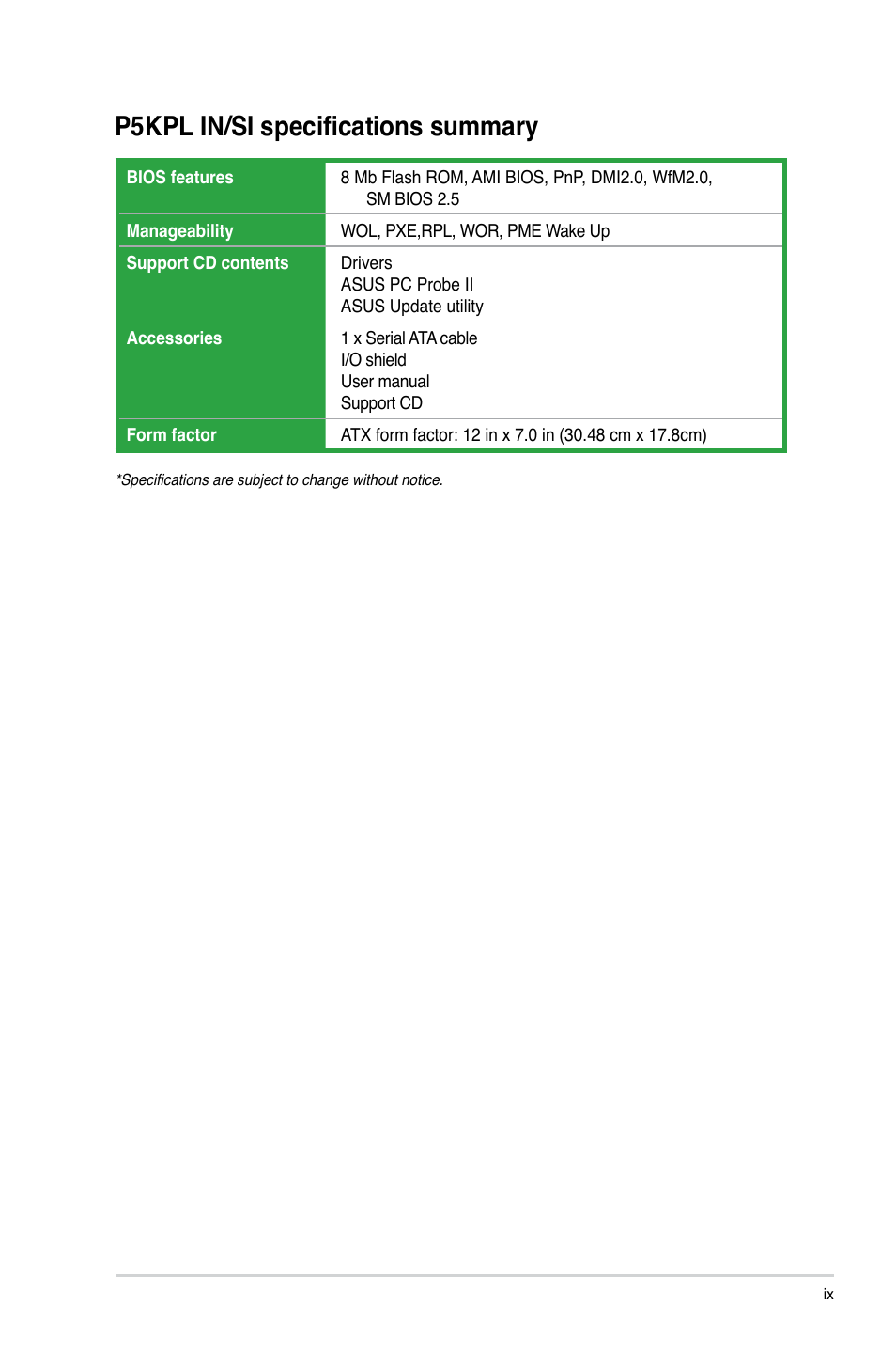 P5kpl in/si specifications summary | Asus P5KPL IN/SI User Manual | Page 9 / 36