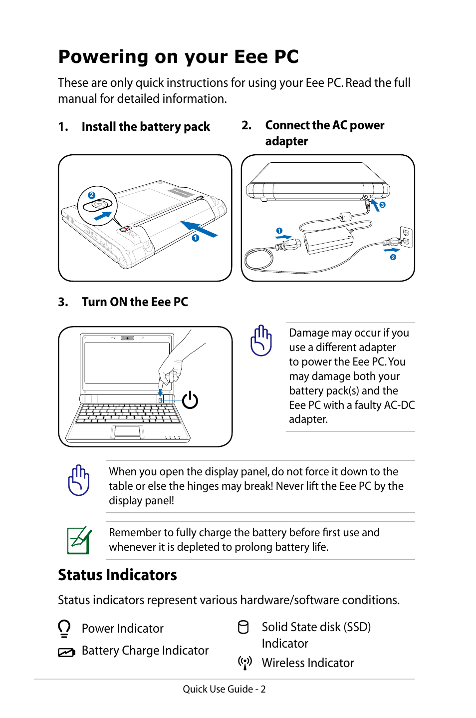 Powering on your eee pc, Status indicators | Asus Eee PC 900A/XP User Manual | Page 2 / 8