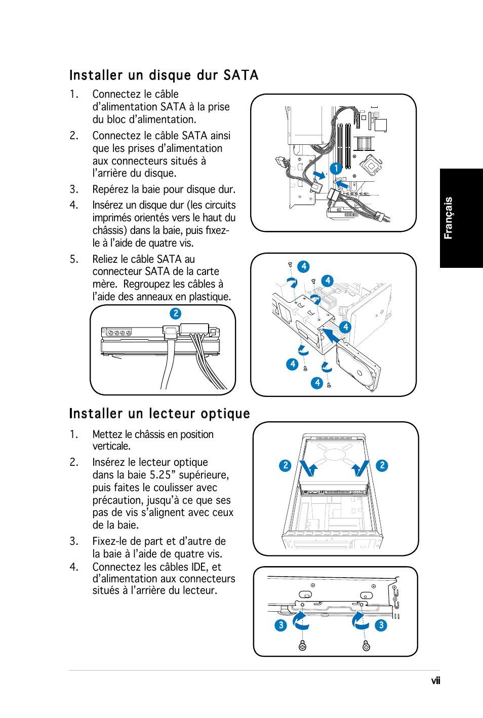 Installer un disque dur sata, Installer un lecteur optique | Asus T3-M2NC51PV User Manual | Page 15 / 80