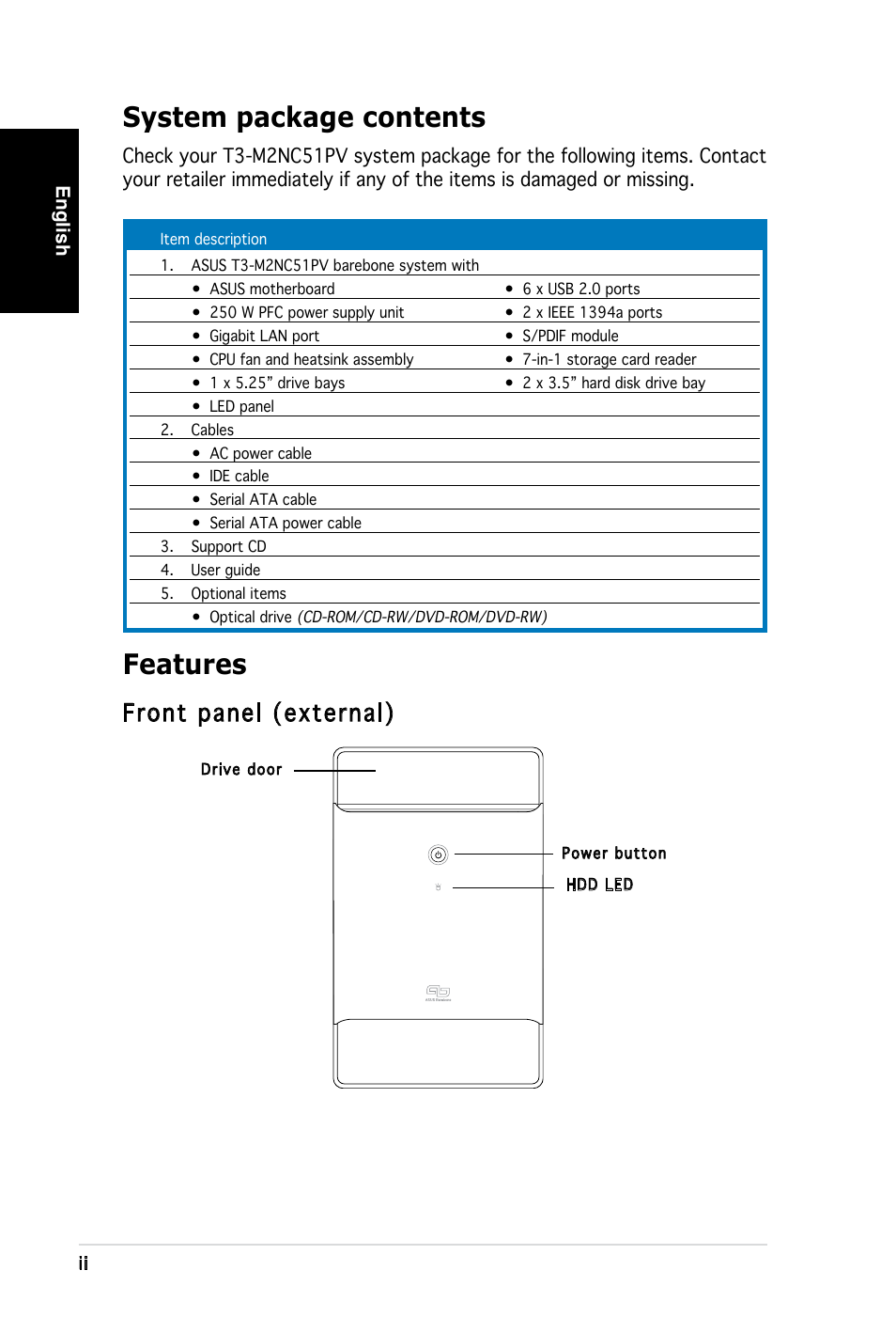 System package contents, Features, Front panel (external) | Asus T3-M2NC51PV User Manual | Page 2 / 80