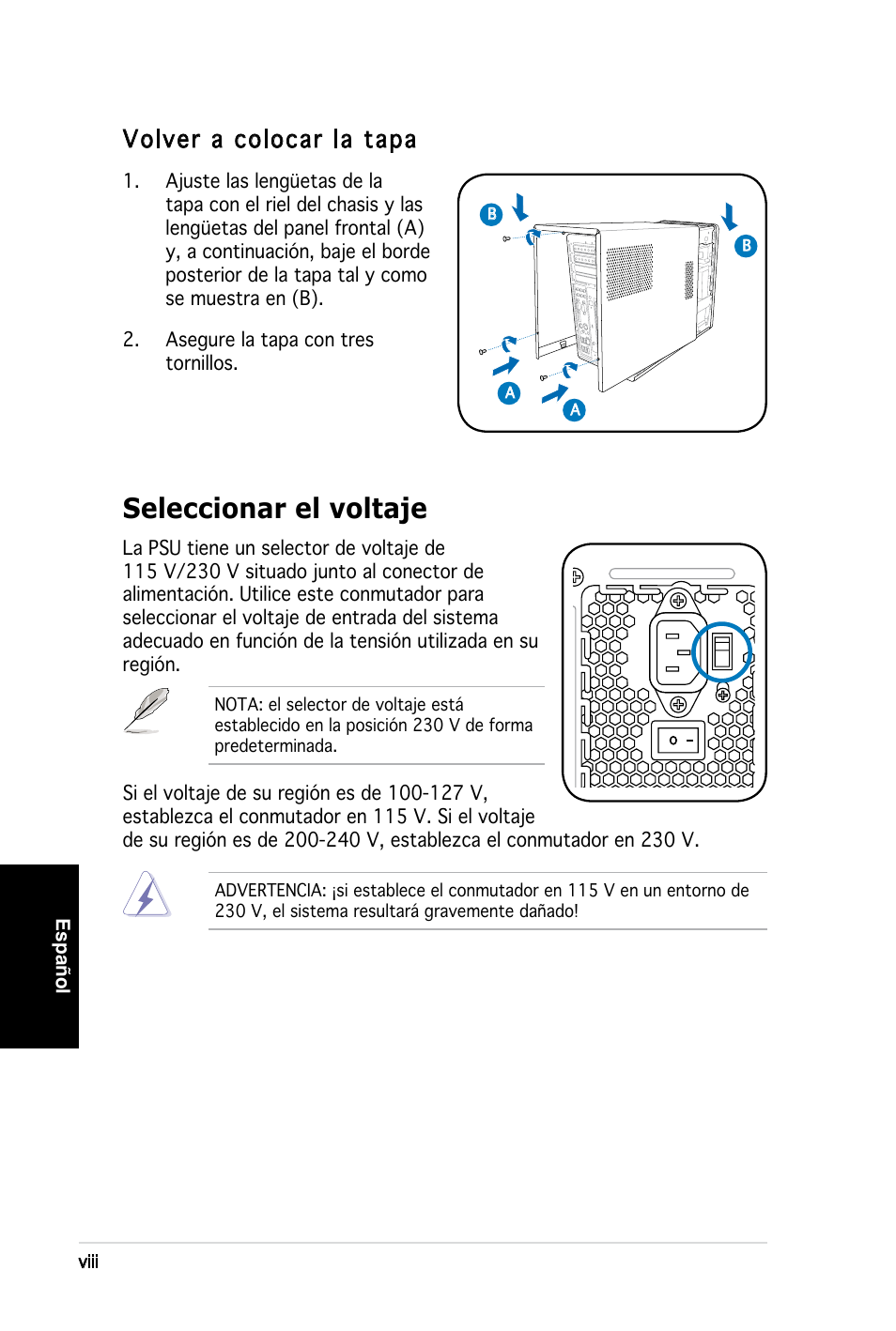 Seleccionar el voltaje, Volver a colocar la tapa, Español | Viii | Asus T3-M2NC51PV User Manual | Page 40 / 80