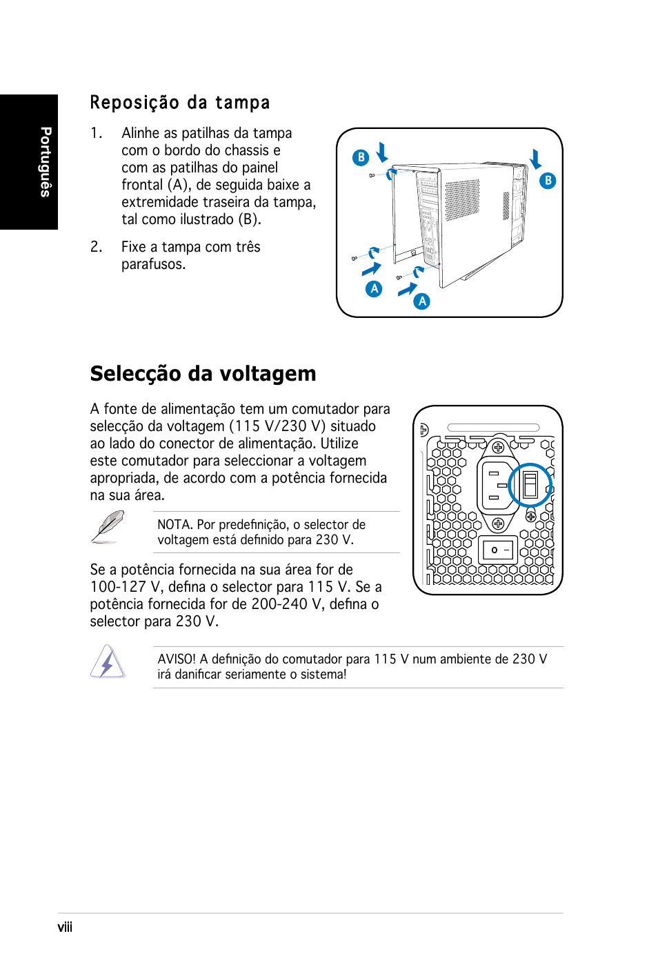 Selecção da voltagem, Reposição da tampa, Português | Viii | Asus T3-M2NC51PV User Manual | Page 56 / 80