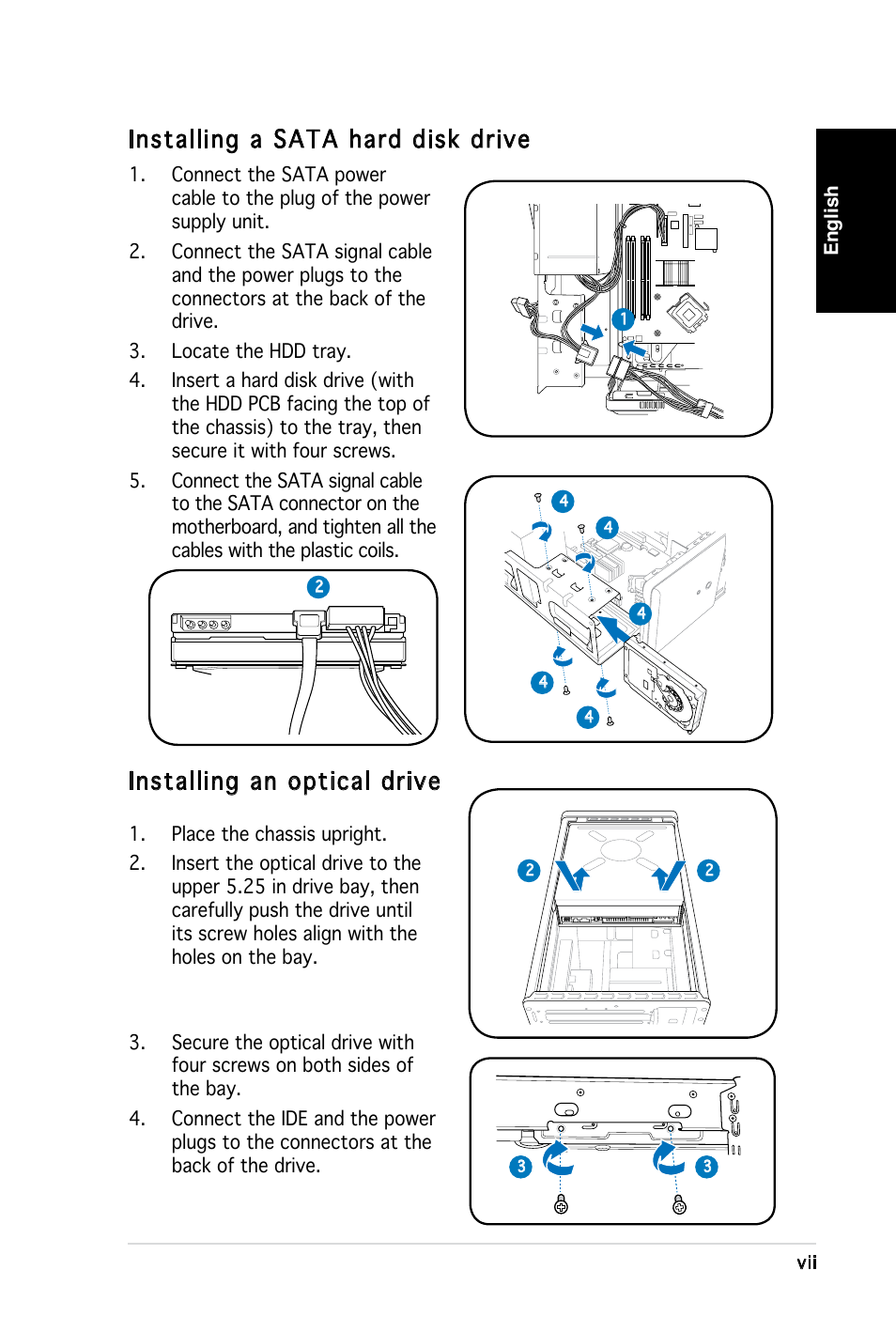 Installing a sata hard disk drive, Installing an optical drive | Asus T3-M2NC51PV User Manual | Page 7 / 80