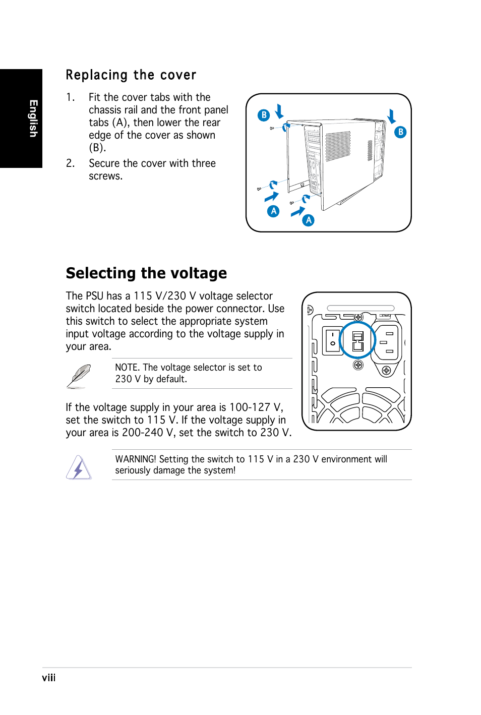 Selecting the voltage, Replacing the cover, English | Viii | Asus T3-M2NC51PV User Manual | Page 8 / 80