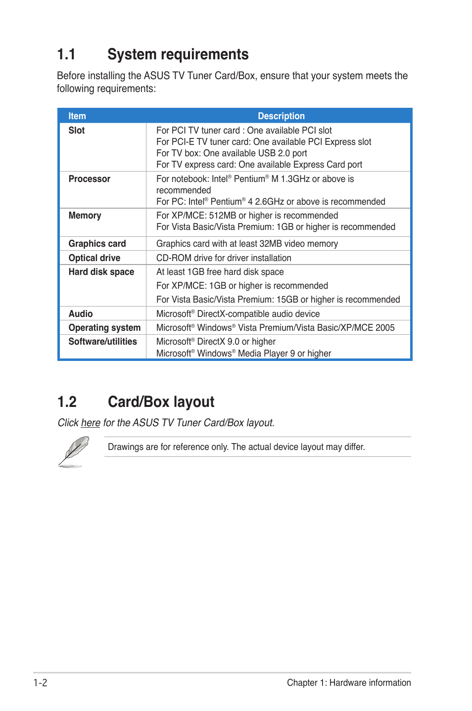 1 system requirements, 2 card/box layout, System requirements -2 | Card/box layout -2 | Asus My Cinema-U3000Hybrid User Manual | Page 10 / 42