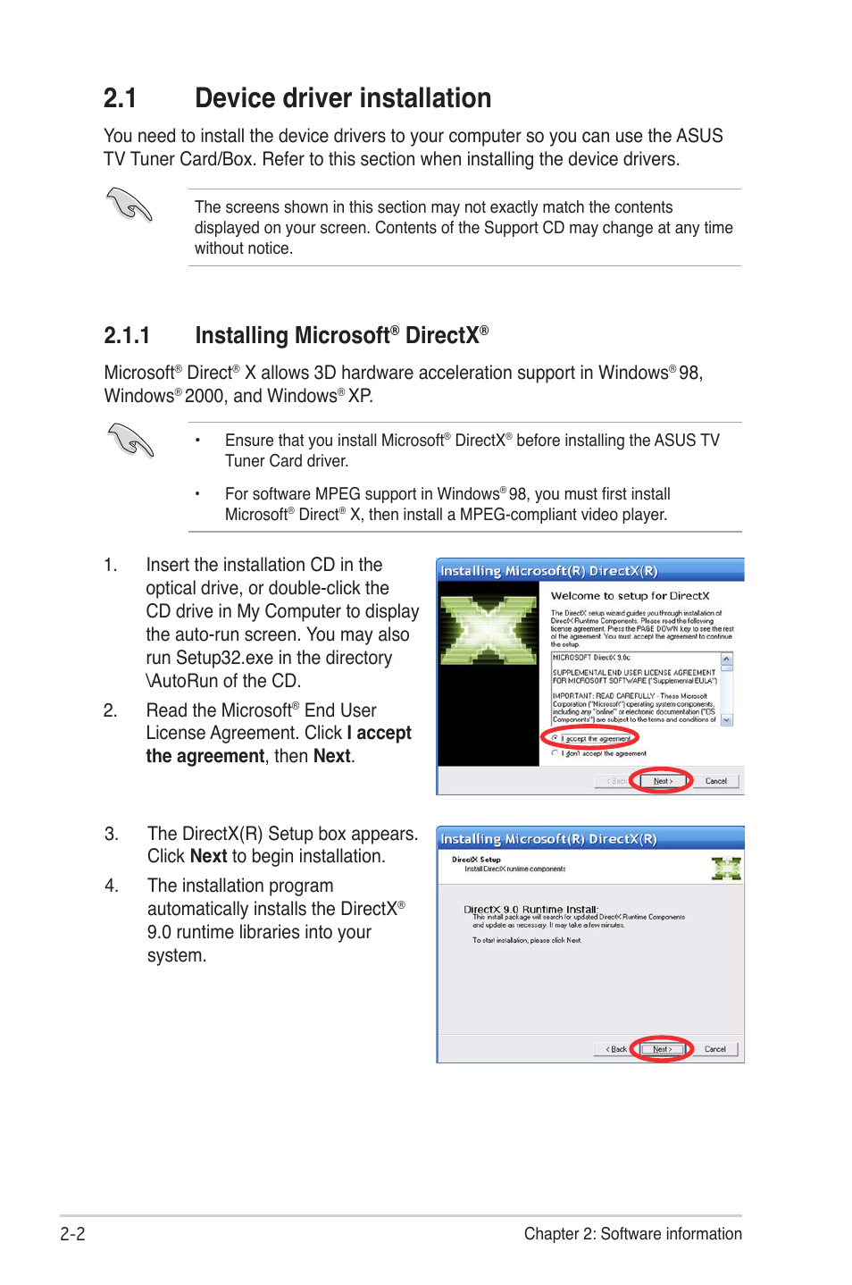 1 device driver installation, 1 installing microsoft® directx, Device driver installation -2 2.1.1 | Installing microsoft, Directx, 1 installing microsoft | Asus My Cinema-U3000Hybrid User Manual | Page 16 / 42