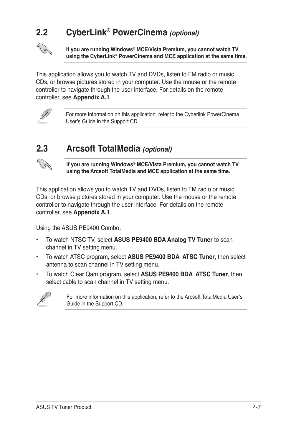 2 cyberlink® powercinema (optional), 3 arcsoft totalmedia (optional), Cyberlink | Powercinema (optional) -7, Arcsoft totalmedia (optional) -7, 2 cyberlink, Powercinema, 3 arcsoft totalmedia | Asus My Cinema-U3000Hybrid User Manual | Page 21 / 42