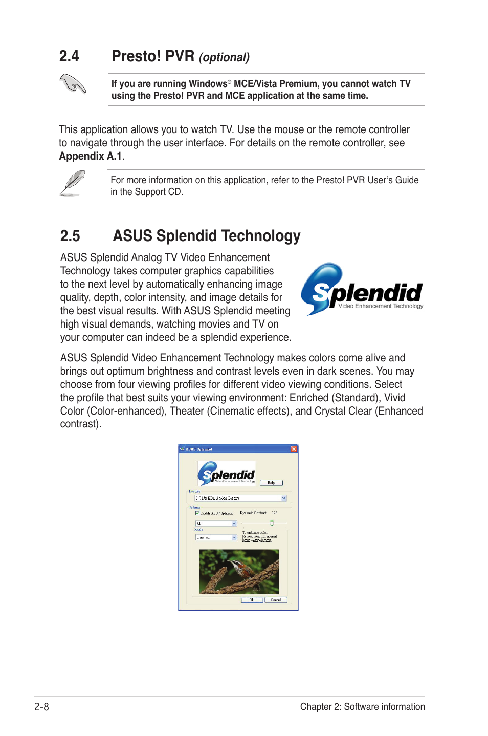4 presto! pvr (optional), 5 asus splendid technology, Presto! pvr (optional) -8 | Asus splendid technology -8, 4 presto! pvr | Asus My Cinema-U3000Hybrid User Manual | Page 22 / 42