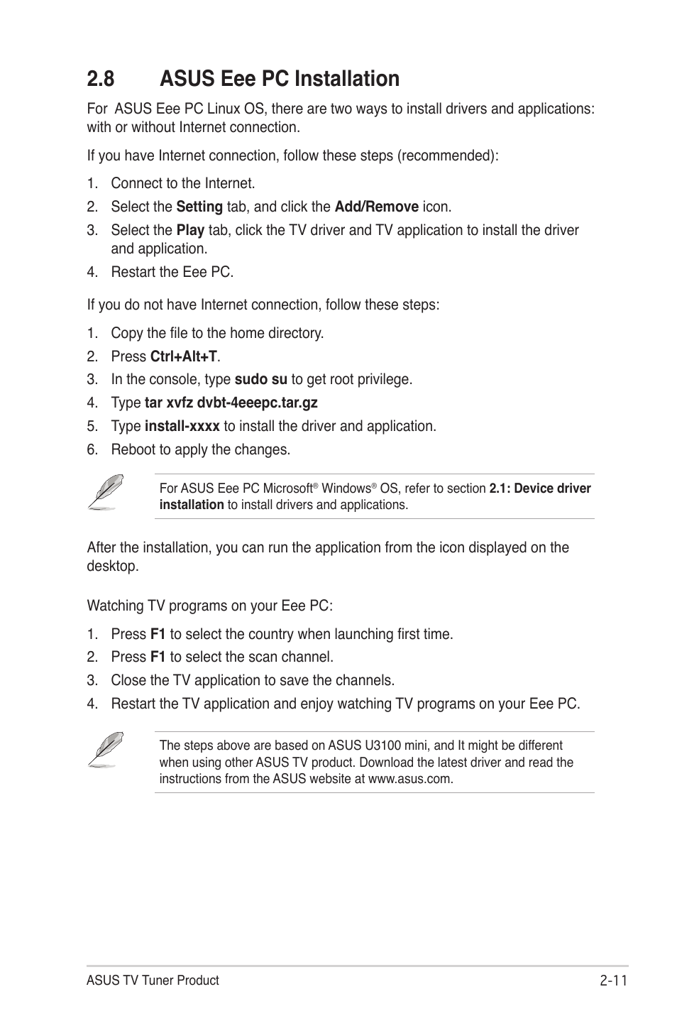 8 asus eee pc installation, Asus eee pc installation -11 | Asus My Cinema-U3000Hybrid User Manual | Page 25 / 42