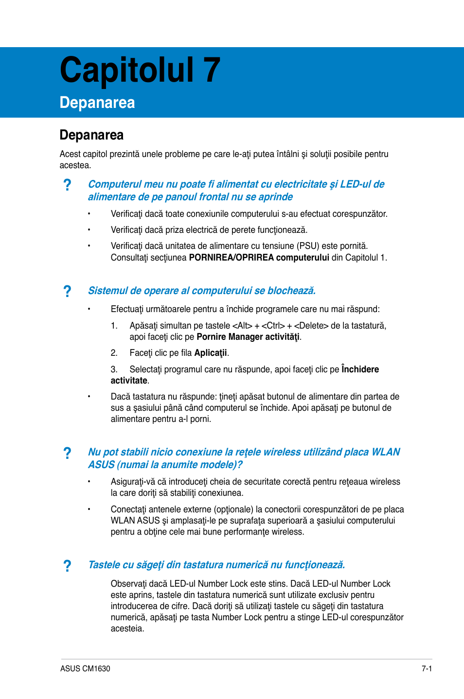 Capitolul 7, Depanarea | Asus CM1630 User Manual | Page 157 / 246